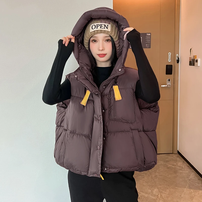 

Tassel Vest Women Hooded Loose Plush Warm Shoulder Vest Jacket Autumn Winter Outfit New