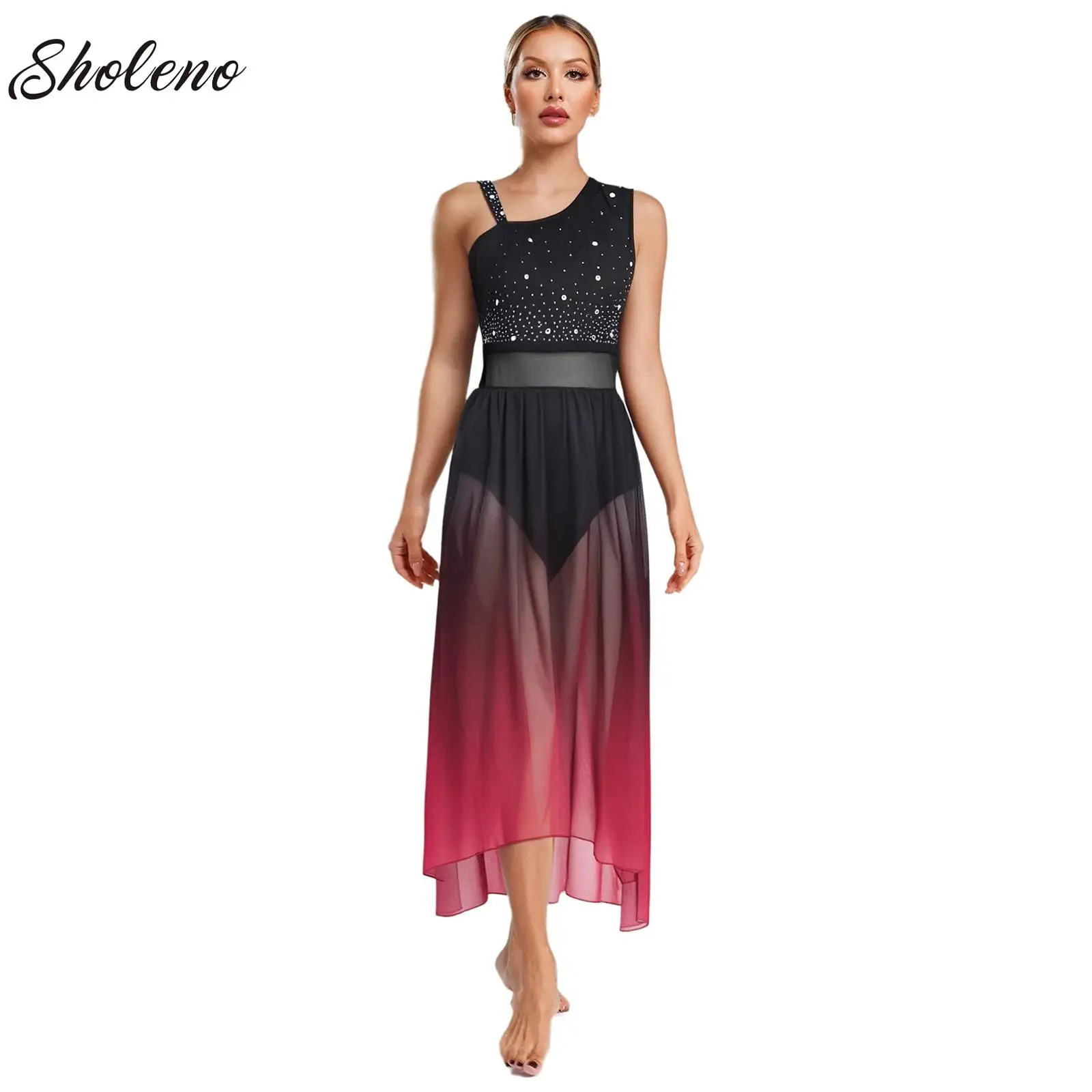 

Women Modern Dancewear Classical Lyrical Dance Dress Asymmetrical Shoulder Ballroom Dance Waltz Chacha Stage Performance Costume