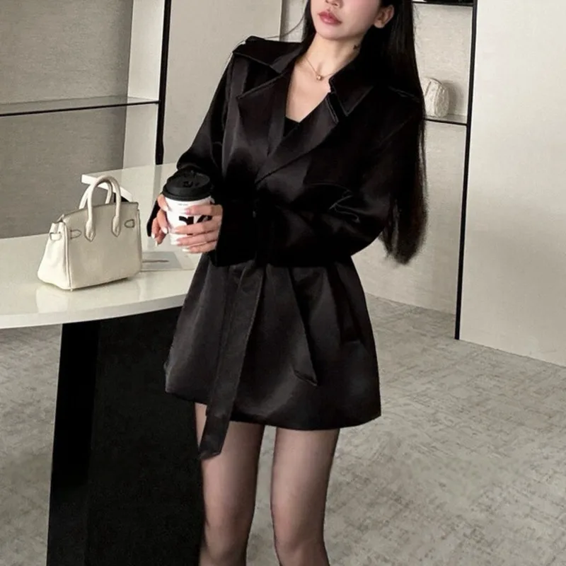 BJTZ 2025 Autumn Winter Women’s Short Belted Trench Coat Pearlescent Satin Tie-Waist Chic Office Luxe Outerwear Jacket