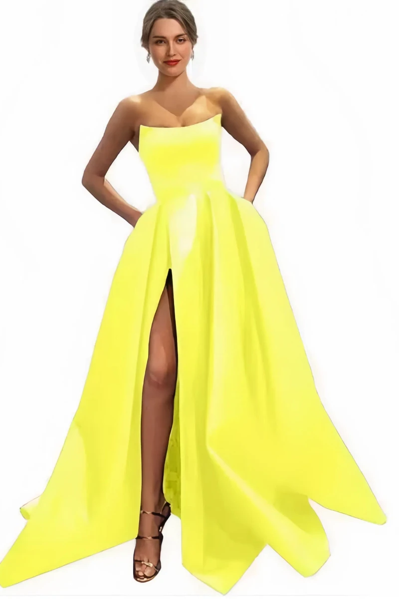 Womens Long Strapless Satin Prom Dress Sleeveless Slit Evening Ball Gown with Pockets Formal Occasion Guest Gown