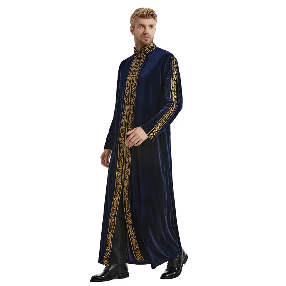 Uomo Jubba Thobe Arabia Saudita Islam Abbigliamento Velluto Ricamo Manica lunga Cerniera Abaya Moda musulmana Caftano Abbigliamento uomo musulmano