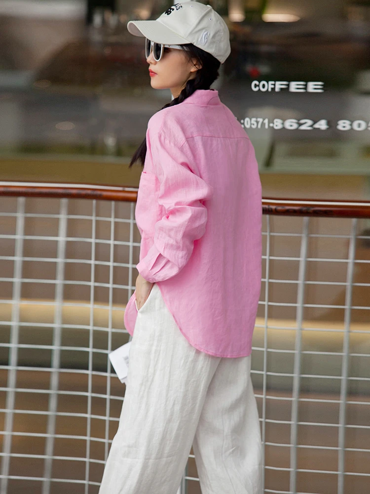 

Loose Casual Long Sve Silk Linen irt Women's Summer 2024 New Sle Versatile Small Size White irt Collar Mid-Length