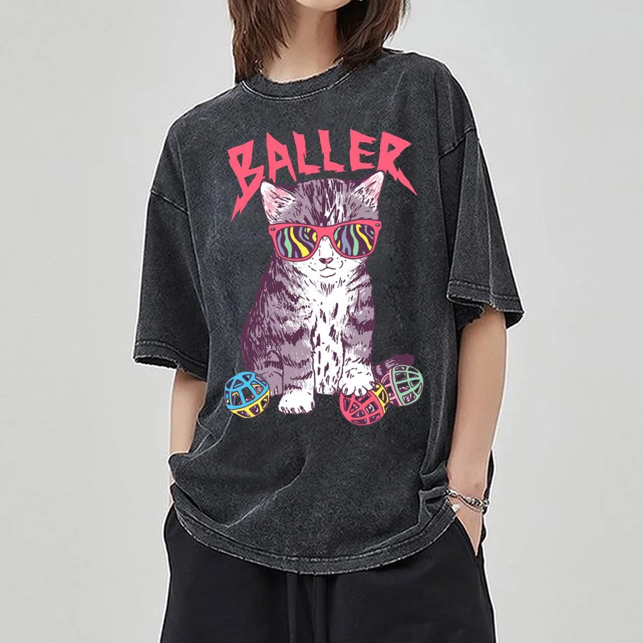 

Cute Cat Play Bell Print Ladies Wash T-Shirt Oversized Loose High Quality Half Sleeve Sweetheart Girl Casual Top 2024