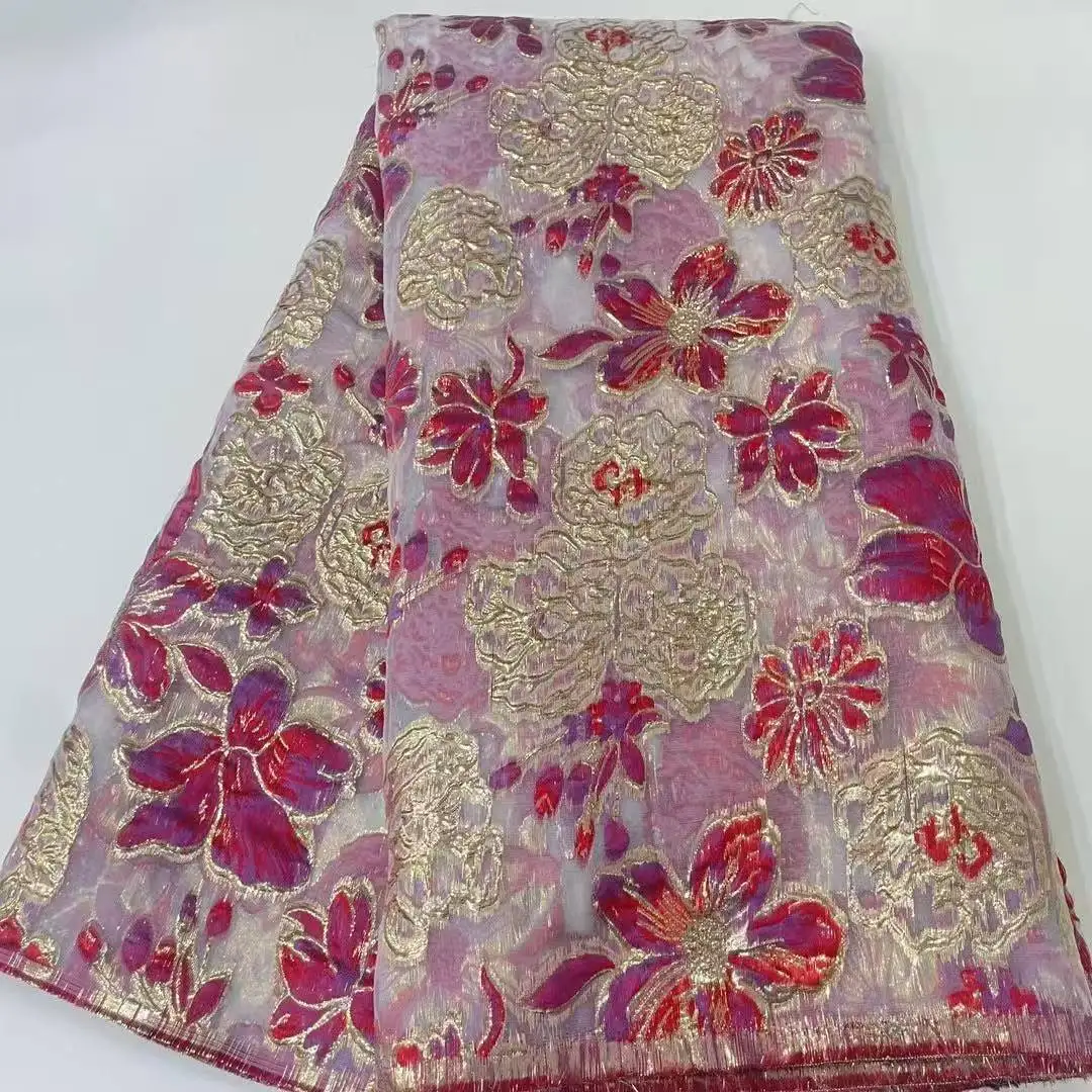 

Фуксия, африканская парча, жаккардовая ткань, дамасский материал, нигерийское позолота, кружево-брорт, ткань, 5 ярдов, Dentelle Africaine DJB71