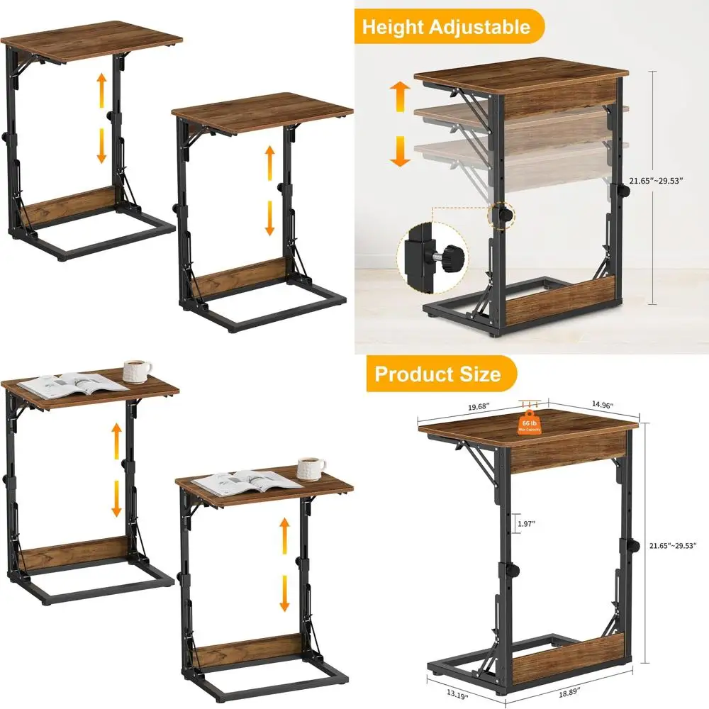 

Set of 2 Folding TV Tray Tables, 19.68L x 14.96W, Adjustable Height, C-Shaped Couch Side Tables with Metal Frame