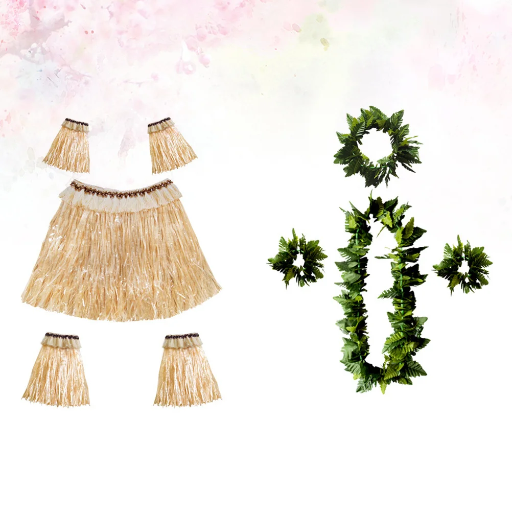 

9Pcs Hawaii Skirt Set Stylish Tropical Dance Skirt with Green Leaf Garland Wristband Arm Leg Covers Elastic Fit for Birthday