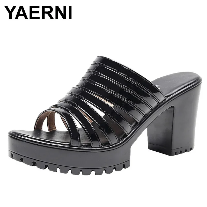 

YAERNI Patent Leather Shoes New Women's Slippers High Heels Platform Slippers Ladies Shoes Work Peep Toe Black Block Heels