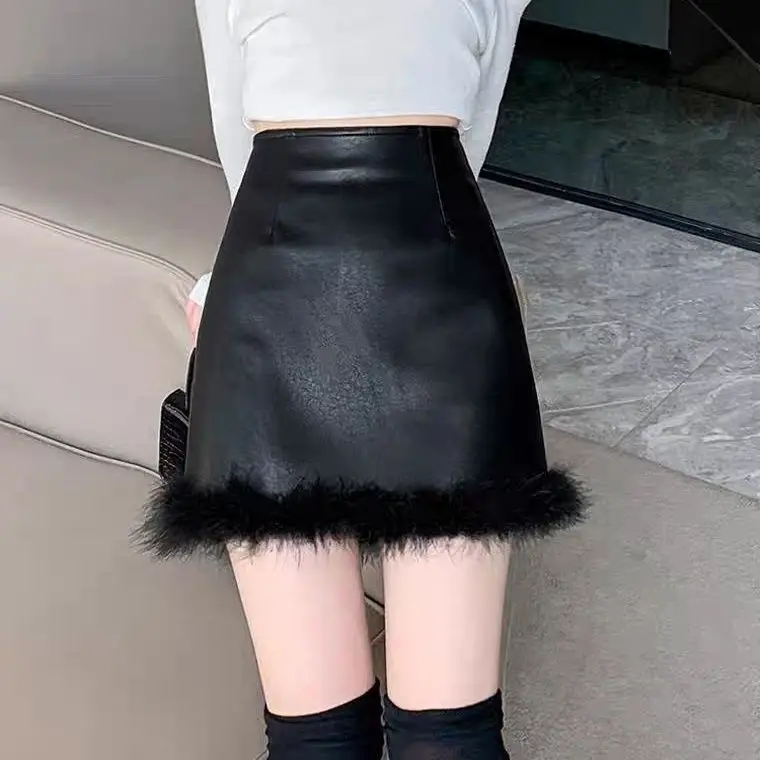 High Waist Buttocks Leather Short Skirt Fur Patchwork White Jupe Sexy Faldas Mujer Black Slim Fit Autumn New