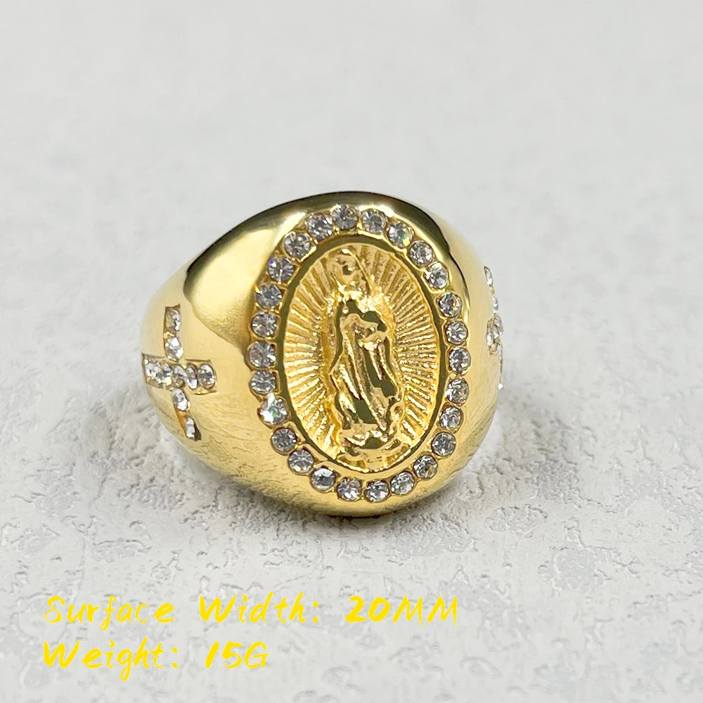Gold color Christian / Catholic Ring 316L Stainless Steel with rhinestone Cross women Men\'s Catholic Virgin Mary