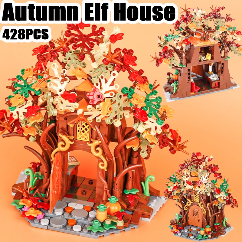 MOC Medieval Autumn Elf House Building Blocks Castle Scene Tree Flower Furniture Animal Plant Accessories Bricks Christmas Toys