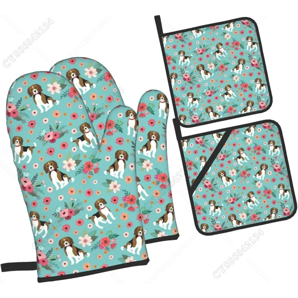 

Beagle Oven Mitts And Pot Holders Sets,Heat Resistant Non Slip Kitchen Gloves Hot Pads With Inner Cotton Layer For Cooking