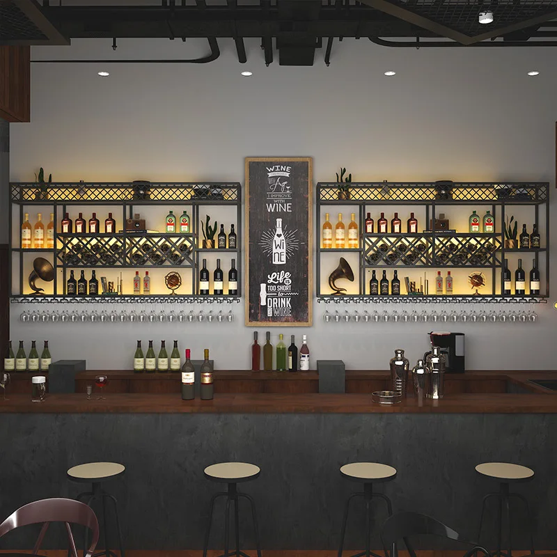 خزانة مشروبات مثبتة على الحائط من الحديد المطاوع في المطاعم، رف عرض النبيذ الأحمر، عرض النبيذ الأجنبي المعدني #4