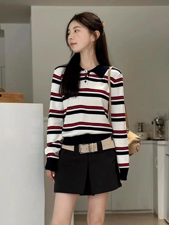 

Шикарный женский трикотаж с длинным светом для колледжа, полосатый топ в Корейском стиле, ранняя осень, уникальная верхняя часть тела