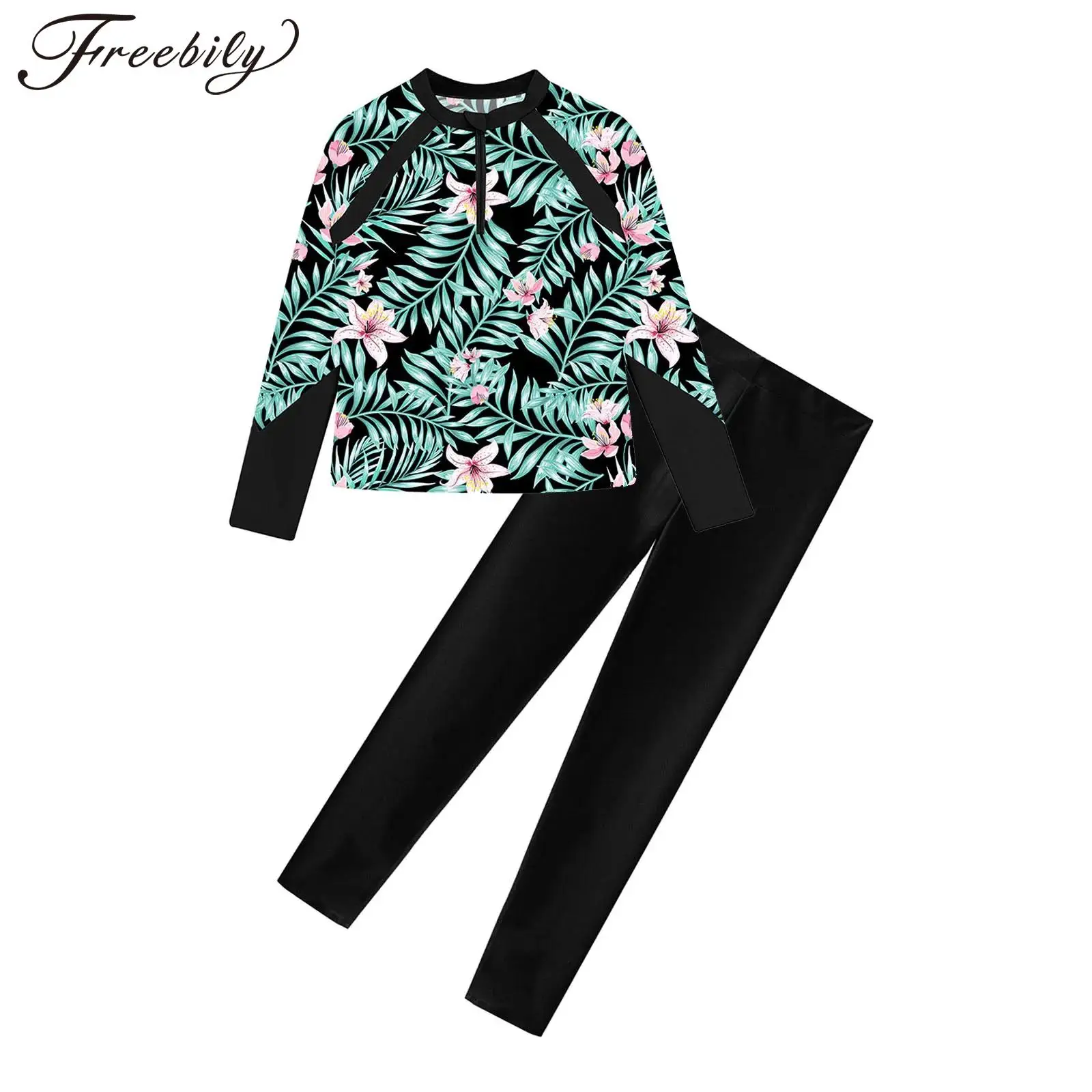 

Kids Girls UPF 50+ Rash Guard Swimsuit Long Sleeve Print Swim Top with Pants Swimwear Wetsuit Bathing Suit for Beach Pool Party