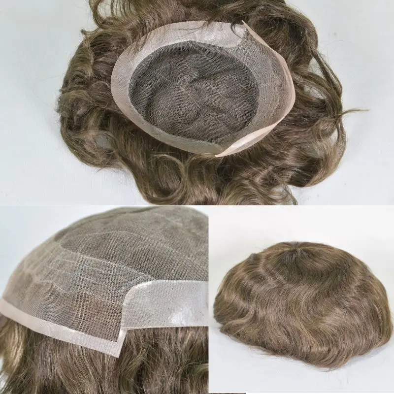 Pwigs masculino peruca capilar prótese renda suíça com pu em torno de 9x7 peruca para homens 100% sistema de cabelo humano virgem 4 #   Castanho escuro