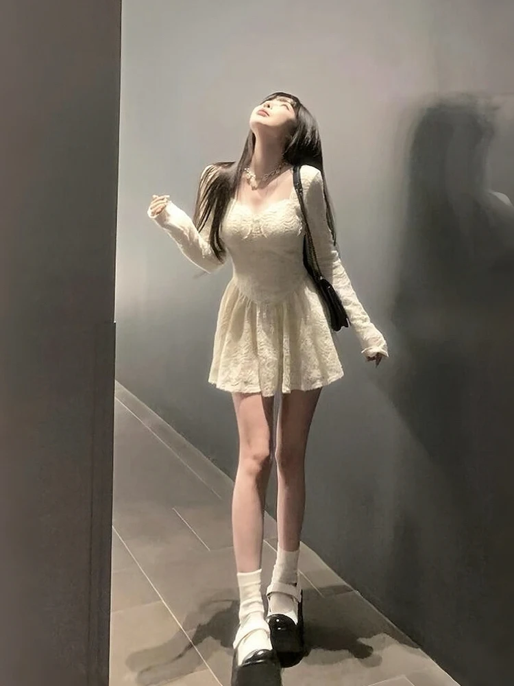 

Slim Fit Lace Knitted Long Sve Square Collar Dr Women's Autumn Winter New Sle Faionable Slimming ort A-Line Skirt...