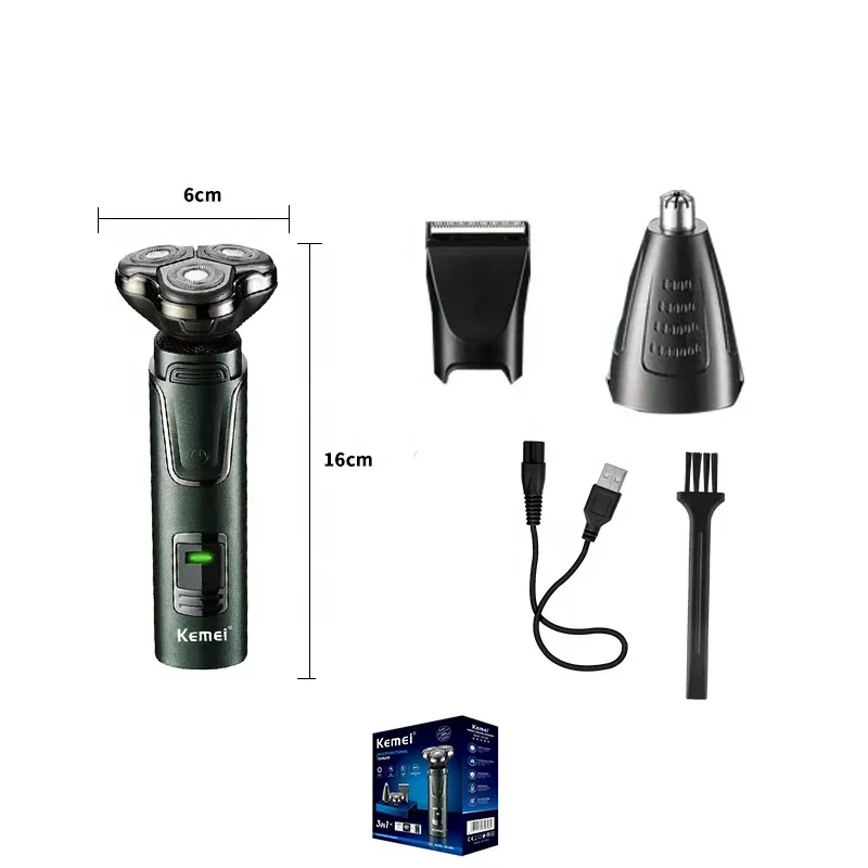 Kemei เครื่องโกนหนวดไฟฟ้าของผู้ชาย, เครื่องโกนหนวด USB ชาร์จไฟได้3 in 1อเนกประสงค์เคราจมูกหูผมเครื่องเล็มกันน้ำ