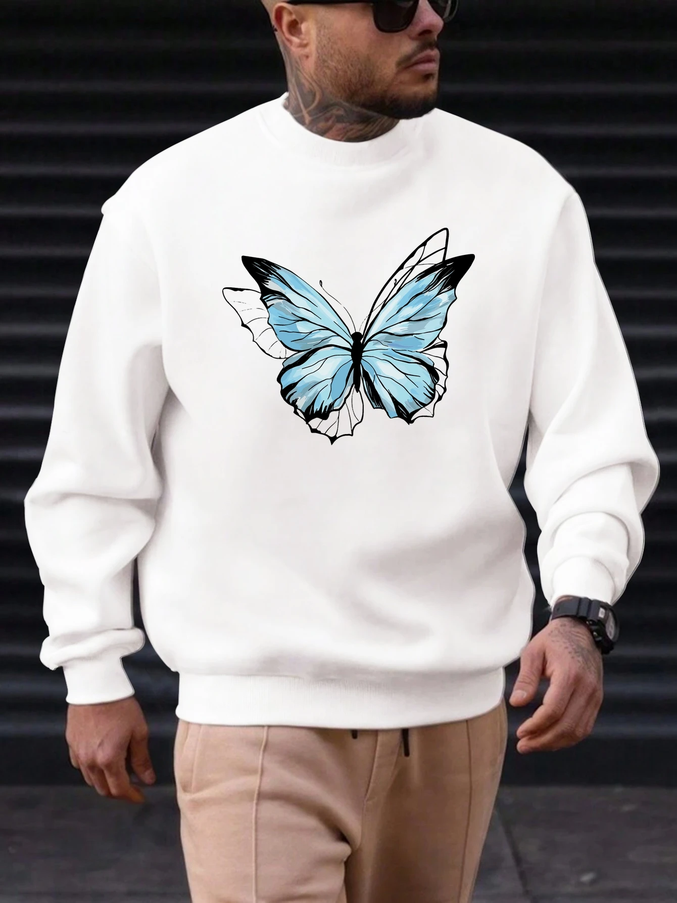 

Men's Cotton Crewneck Sweatshirt Butterfly Graphic Printing 2025 New Trending Fashion Casual High Quality Top Clothing