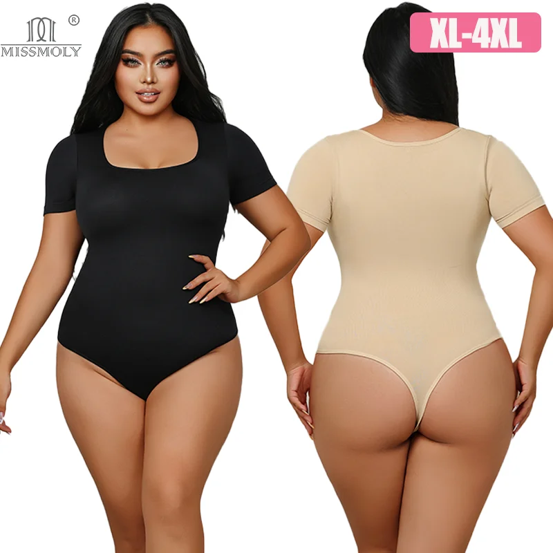 

XL-4XL Women's Short Sleeve Big U Neck Seamless Shapers Thong Bodysuit Breathable Full Body Shaper Tummy Control Shapewear