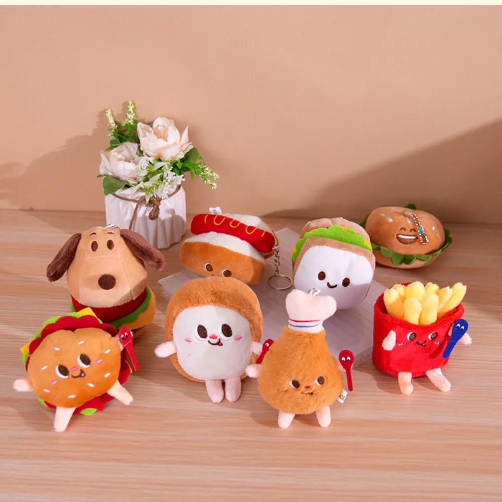 Boneka Hamburger gantungan kunci kaki ayam goreng, aksesori tas sekolah liontin boneka keju dengan gantungan kunci