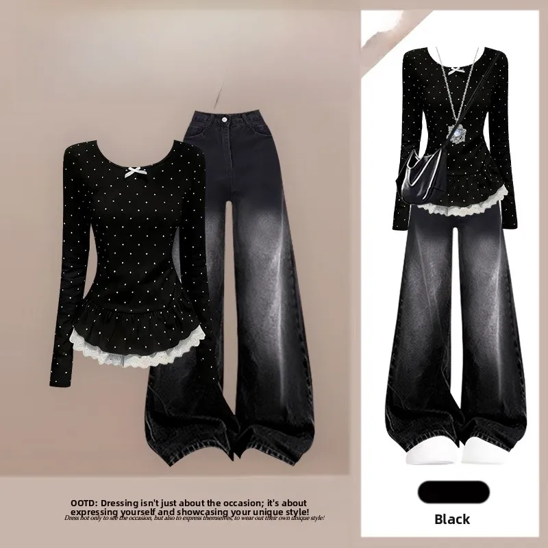 

Корейский комплект из двух предметов: футболка с рюшами в горошек и джинсы с высокой талией, летний модный женский комплект одежды