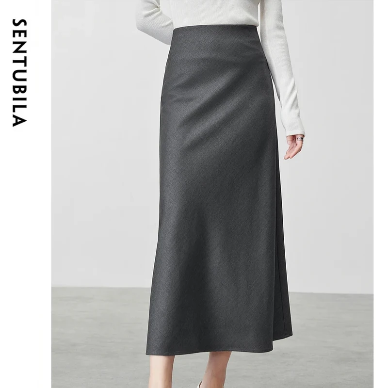 SENTUBILA Wool Blend Long Skirt for Women 2024 Fall Elegant Elastic High Waist Office Lady Skirt Woman Autumn Clothes 143Q56132