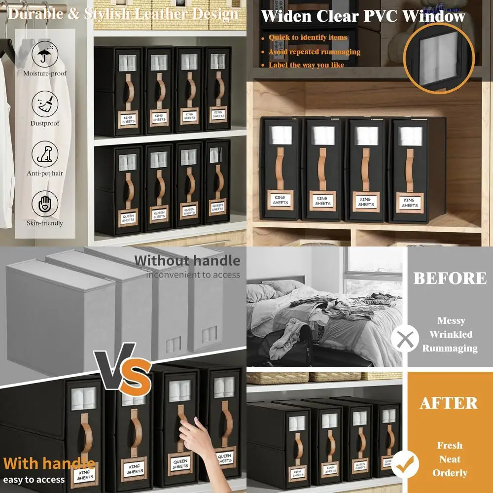 

Compact Collapsible Bed Sheet Organizers - Storage Boxes for King & Queen Size Linen with Window - Black