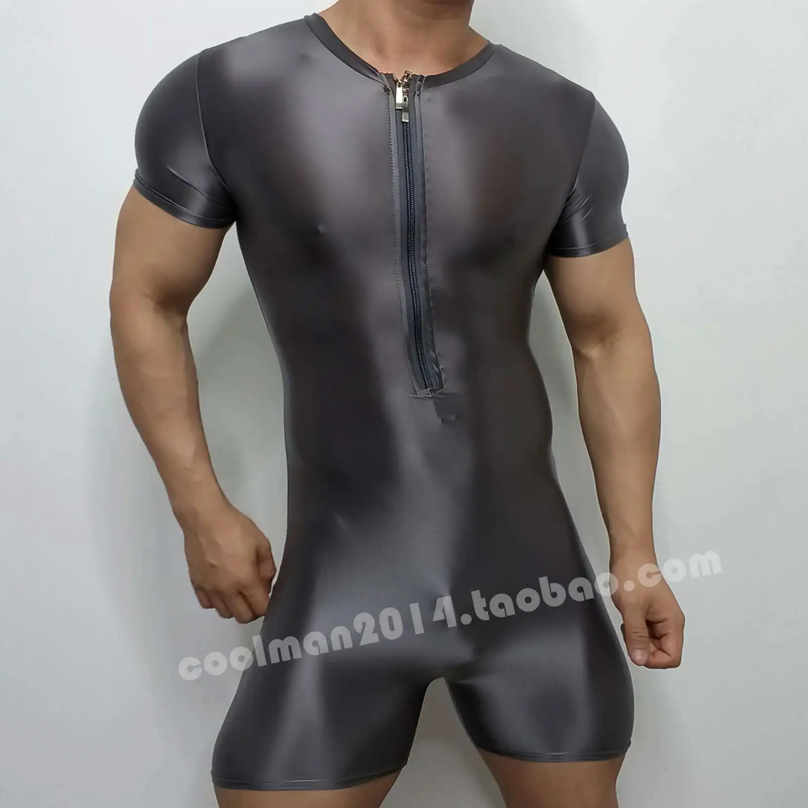 

Mens Glossy See Through Zipper Satin Sexy Bodycon Playsuit Romper Short Sleeve Swimwear Suit Outfit Streetwear Jumpsuit