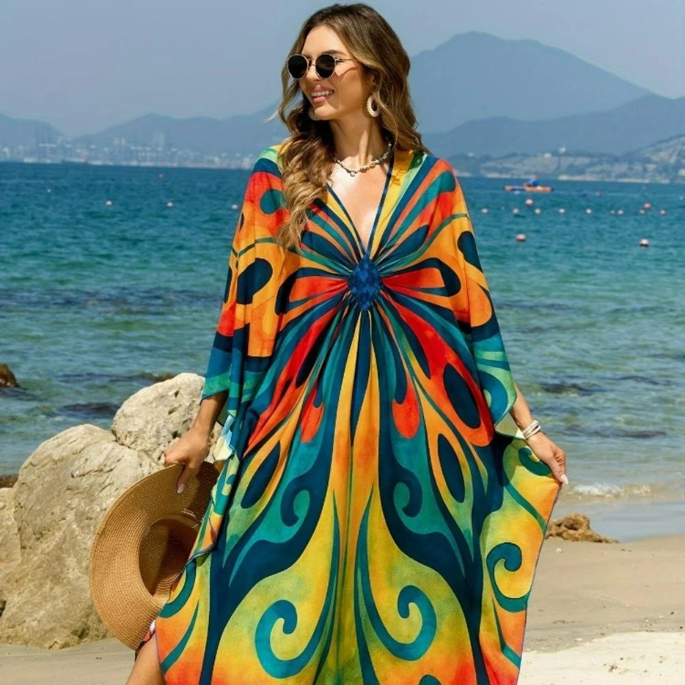 Butterfly Printed Kaftan Cover Ups Dresses for Women Hand Batween Sleeve Summer Holiday Dress