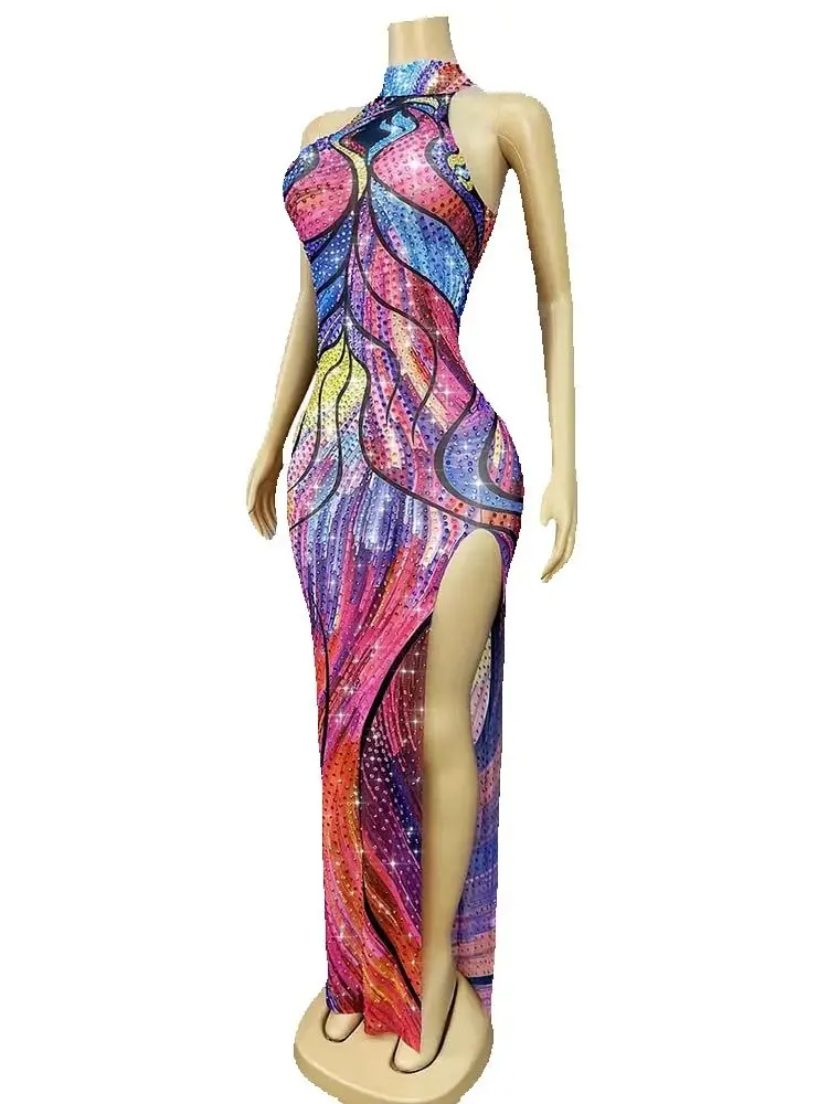 Alta qualidade carimbo quente e bloqueio de cor sexy pendurado pescoço fino ajuste split vestido 2025 nova moda roupas femininas personalizadas