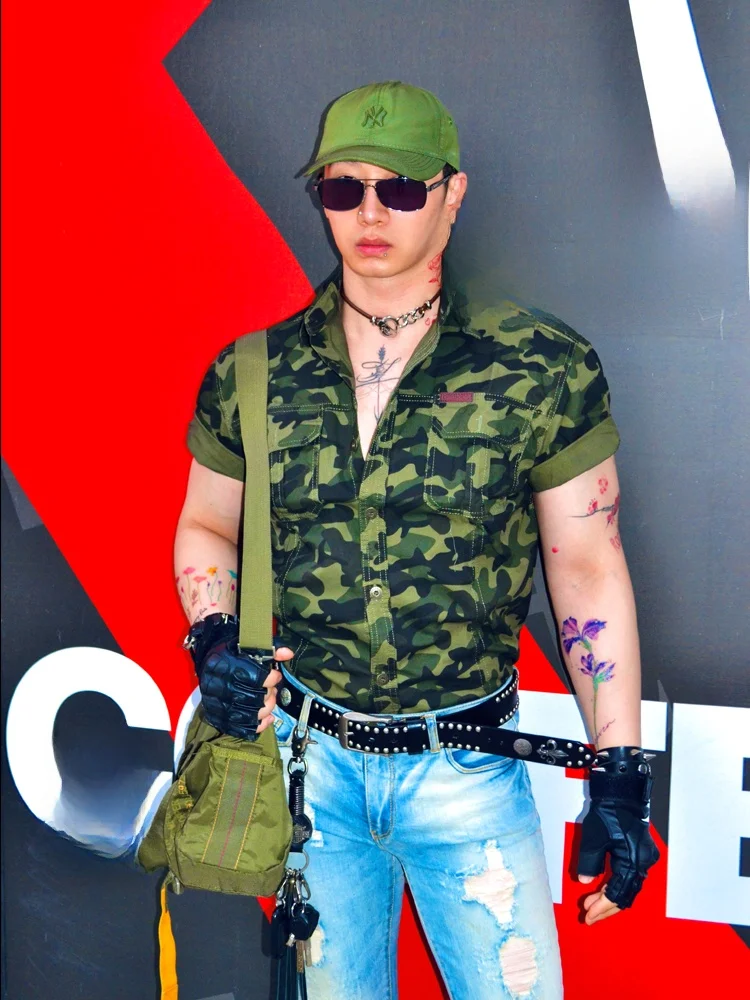 

Buddybody American Style Outdoor Casual Pure Cotton Short Sleeve Slim Fit Camouflage Shirt Workwear Shirt with Pockets for Youth