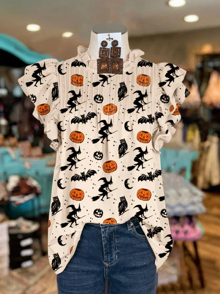 Elegant Ruffled Sleeve Paneled Pleated Pumpkin Top Halloween Pumpkin Print Blouse