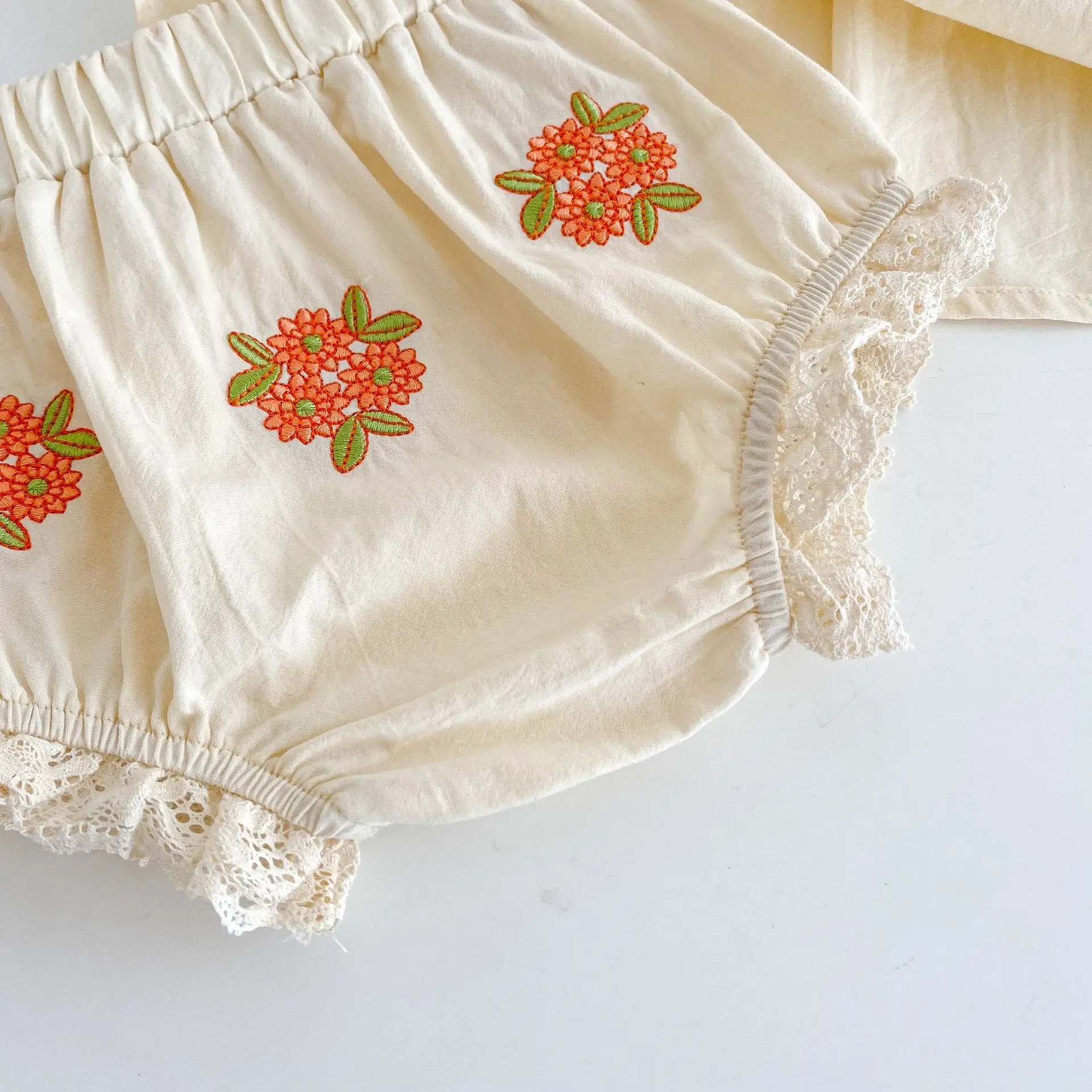 Summer new Instagram baby fashion versatile flower embroidered short sleeved top+flower bread shorts 2-piece set for girls and b