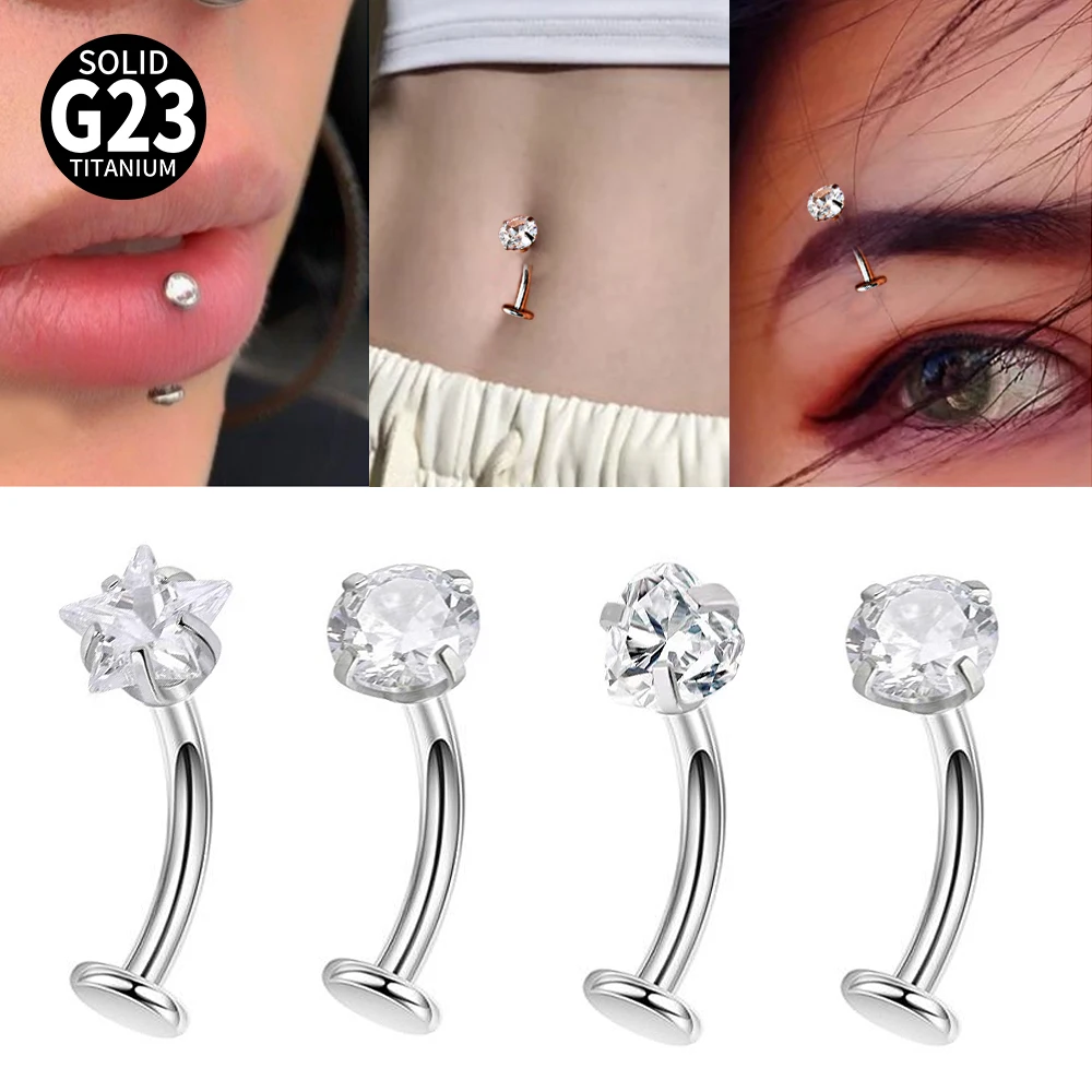 1-4PCS G23 Titanium Curved Belly Button Ring CZ Flat Back Navel Piercing Barbell Labret Lip Stud Star Heart Round Zircon Earring