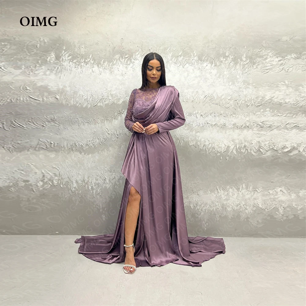 

OIMG Purple A Line Shiny Lace Formal Event Party Dresses Long Sleeves Side Slit Dubai Custom Evening Gowns Night Club Dress