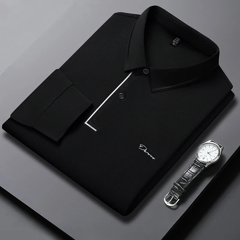New Men's Business Casual Long Sleeved Shirt with Badge Solid Color Polo Shirt Fashionable Breathable Comfortable Versatile Top image 5