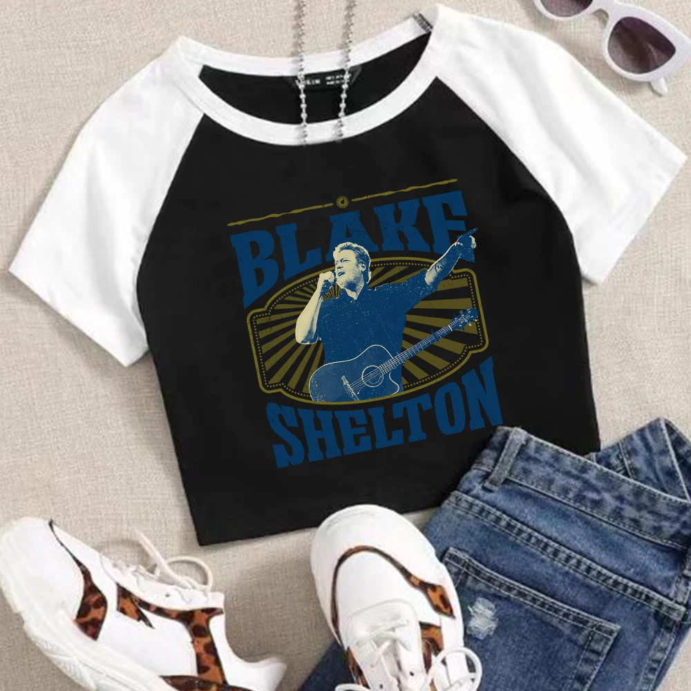 Blake Shelton Friends & Heroes 2025 Tour Girls Crop Shirts Color blocked short sleeved O-Neck Casual Women T-shirt