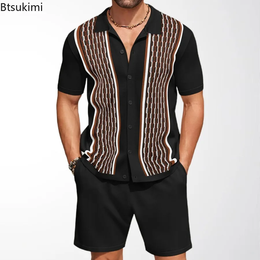 Summer Ice Silk Two Piece Sets for Men Fashion Knitted Jacquard Short Sleeve Tops+Shorts Male Business Casual Polo Shirts Suit