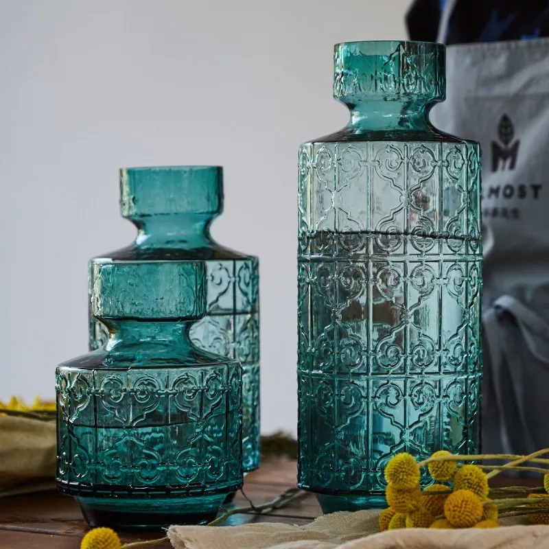 Teal Embossed Glass Vases Vintage Style Decorative Flower Vases for Home Table Living Room Wedding Decoration
