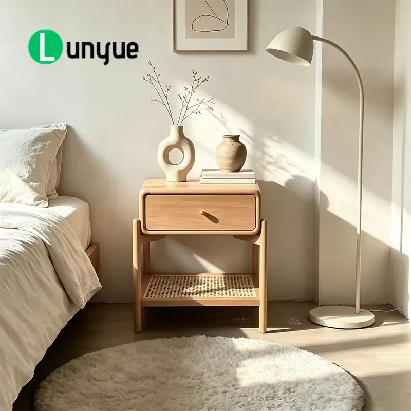 Solid Teak Bedside Table with Rattan Shelf Luxury Bedroom Nightstand Drawer Storage Crack Proof Furniture for UAE Saudi Villa