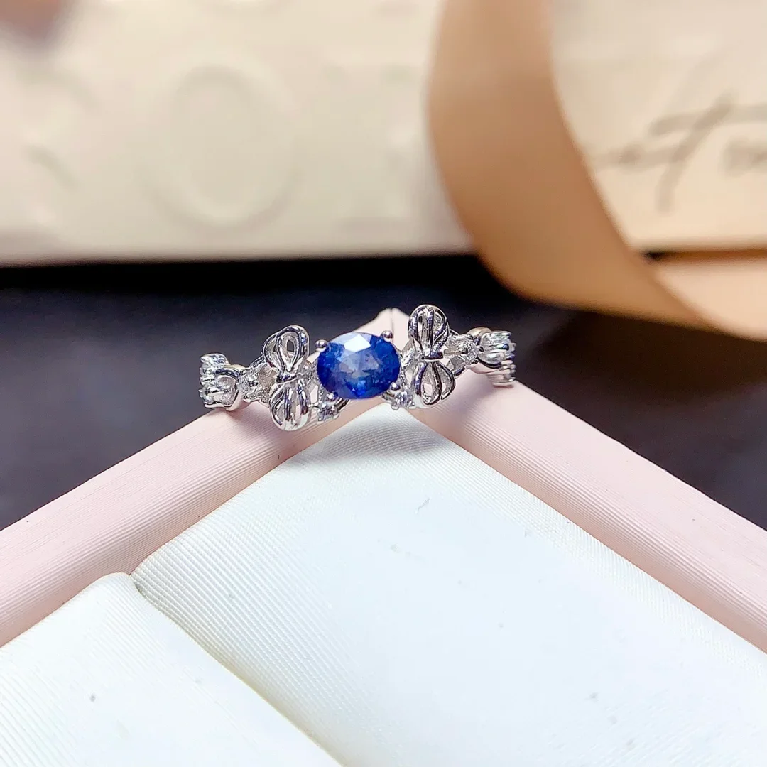 Fashion Jewelry Natural Sapphire Ring S925 Pure Silver Sparkling Precious Gem Handcrafted Trendy Lady Jewelry
