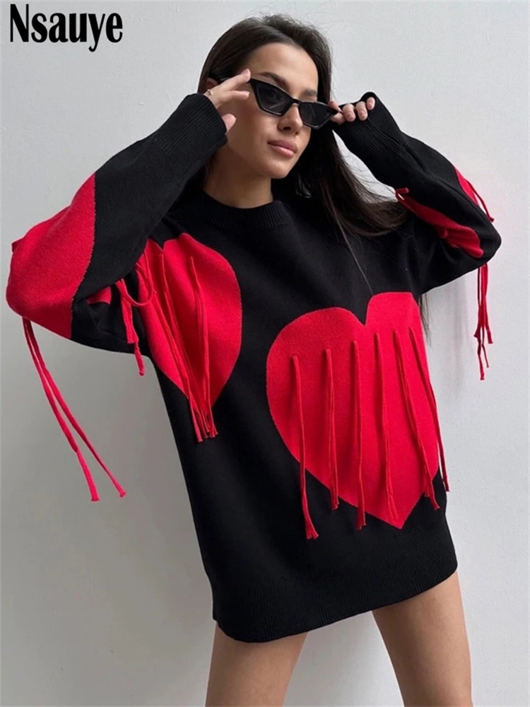 Nsauye Casaul Love Tassel Winter Pullover Sweater Women Tops 2024 Long Sleeve Loose Y2K Knitted Sexy Fashion Party Sweater Dress