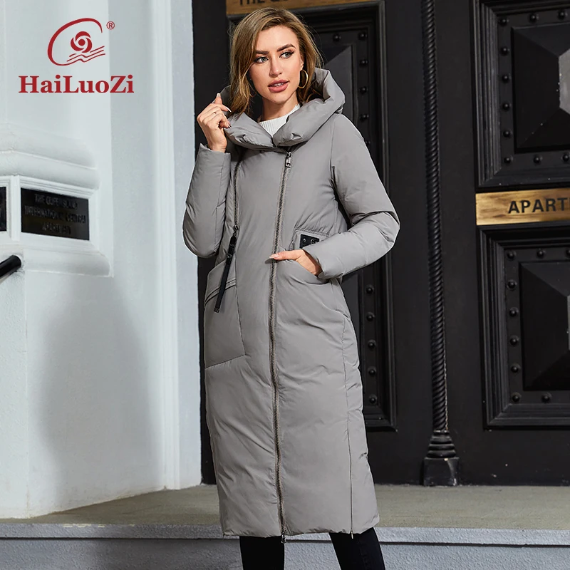 HaiLuoZi 2023 New Winter Down Jacket Hooded Zippers Design Long Female Parka Slant Planket Solid Color Warm Coats Women 3006