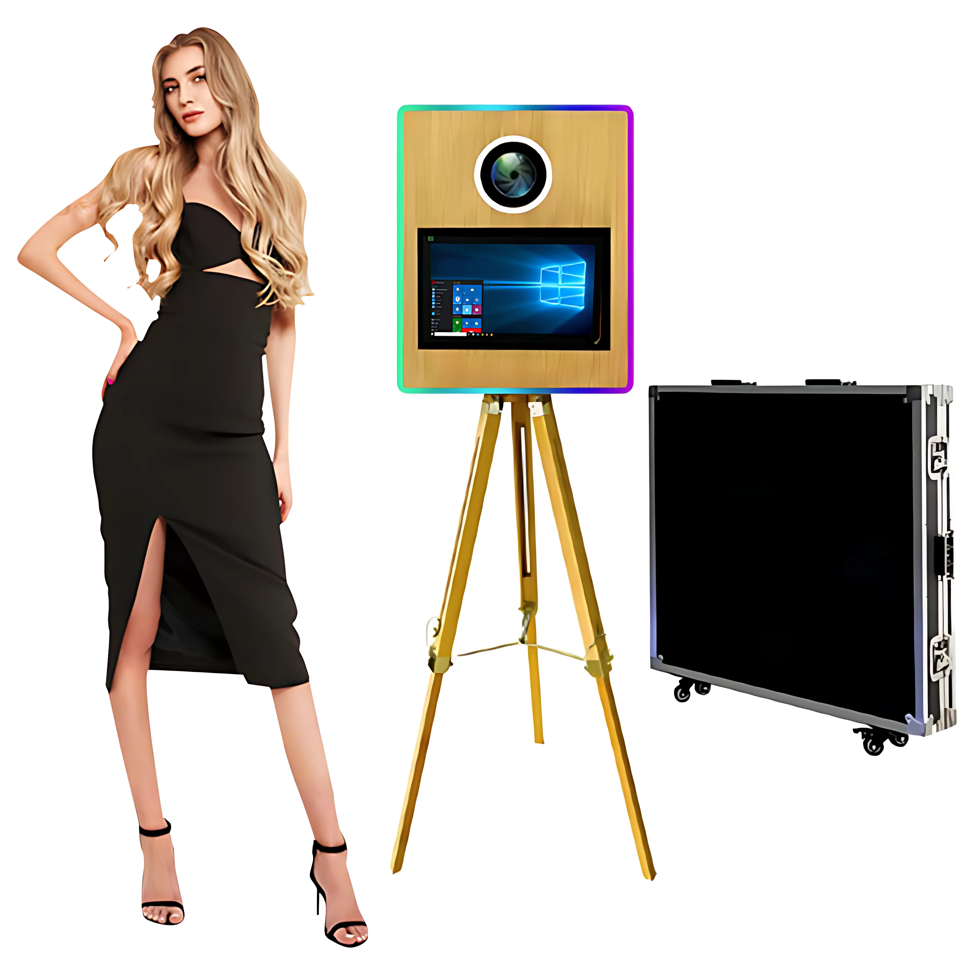 New 15.6 Inch Wood-Style Photo Booth Vintage Wood Grain Paint Smartphones Touch Screen Photo Booth Featuring Printer Camera