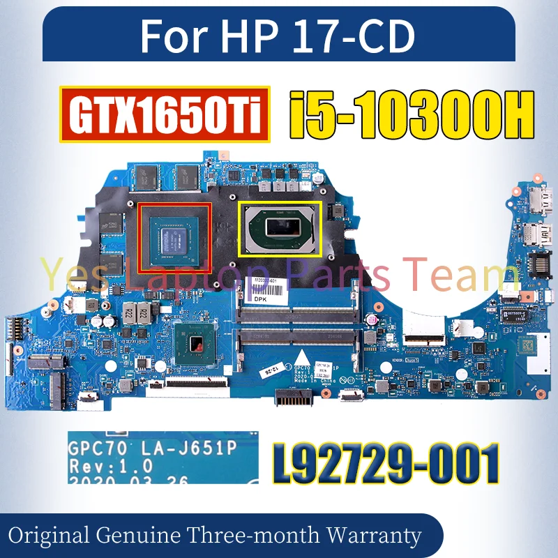 

LA-J651P для ноутбука HP 17-CD, материнская плата L92729-001 SRH84 i5-10300H GTX1650Ti 4G N18P-G62-A1, материнская плата для ноутбука