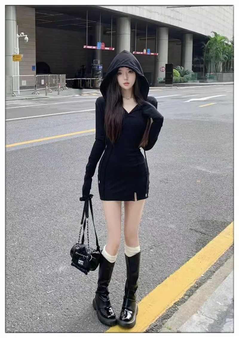 Sexy Monochrome Hooded Dress for Women, Close-fitting, Long Sleeve, V Neck, Wrapped Mini Dress, Streetwear, Autumn and Winter