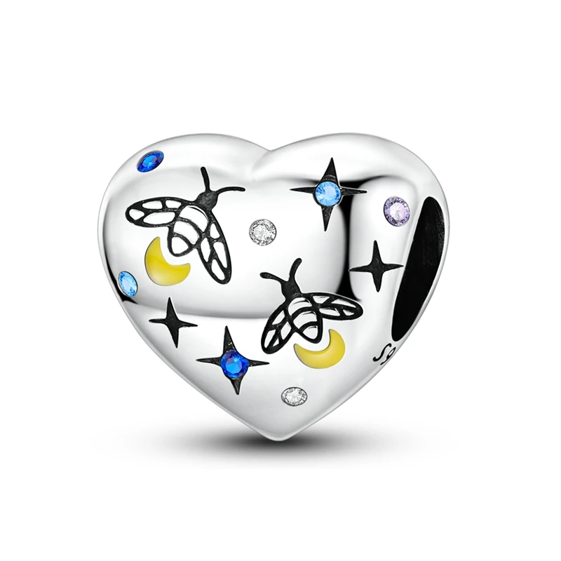 925 Sterling Silver Charms Bead CZ Zircon Firefly Engraved Heart Dangle Fit Original Bracelet DIY Women Jewelry