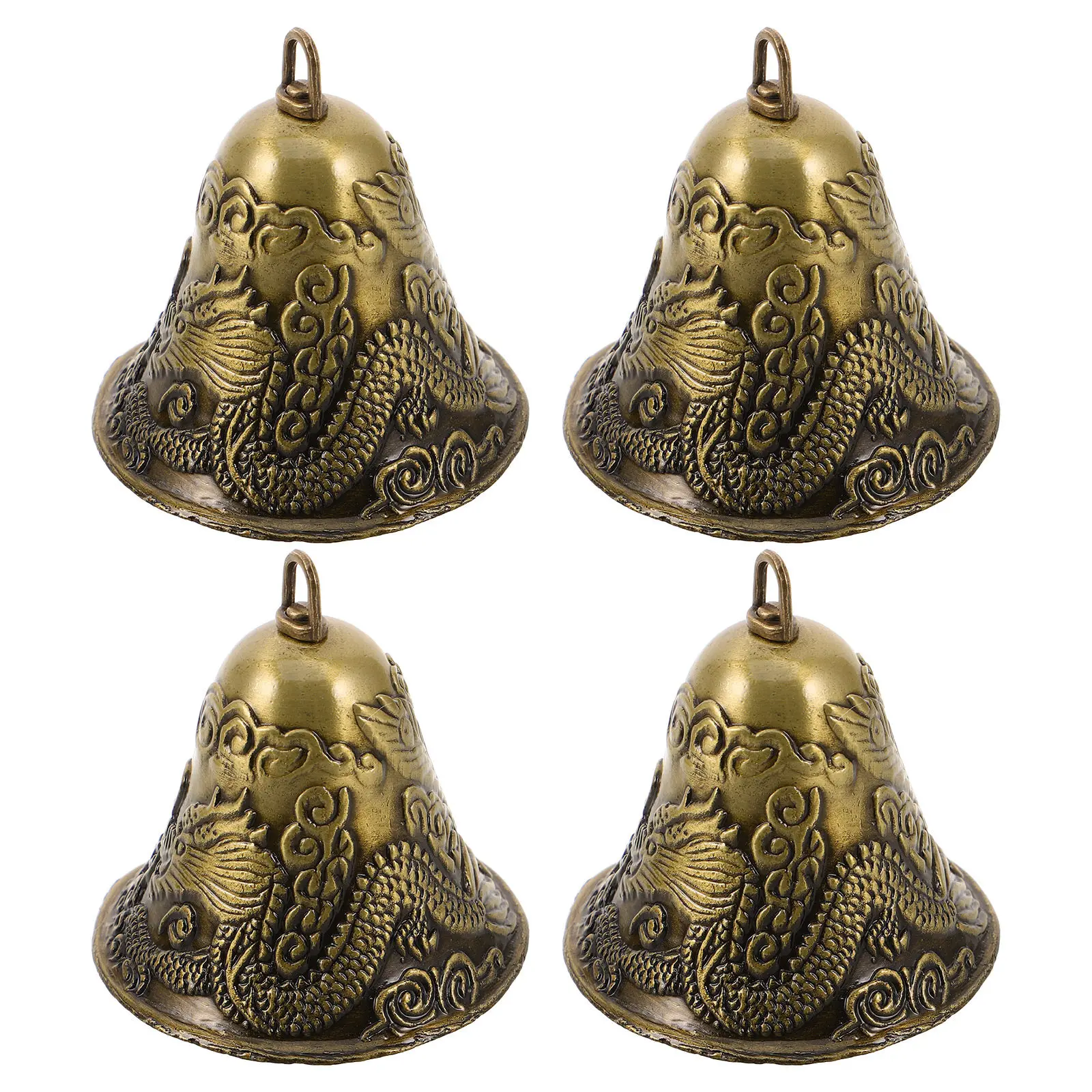 4Pcs Vintage Metal Christmas Bells Alloy Hanging Bell Ornaments Dragon Phoenix Pattern Rustic Farmhouse Jingle Bell Pendant