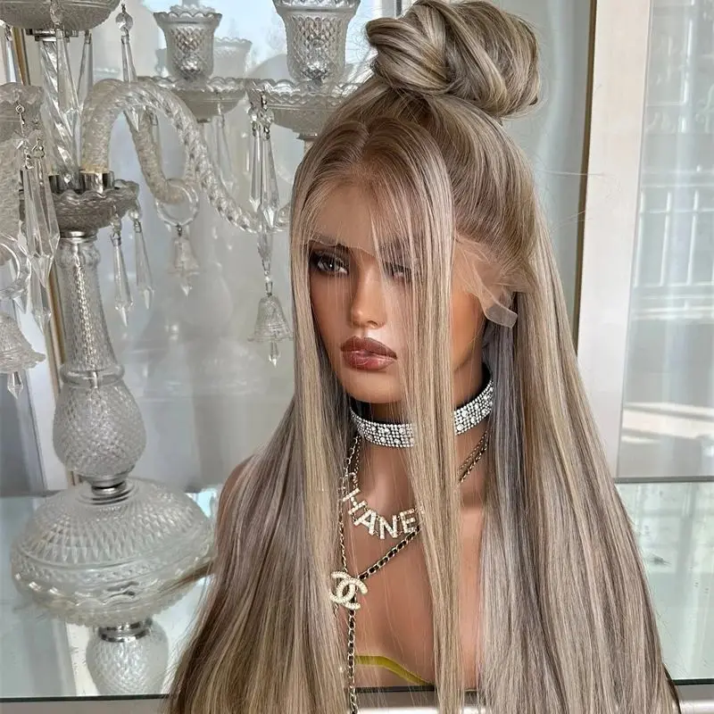 Small Large Size Cap Ombre Ash Blonde Highlight Lace Front Wig Premium Heat Resistant Fibre Wig 28 Inches Soft Long Straight Wig