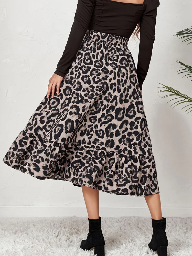 Chiffon Pleated Skirt Women Summer Sexy Leopard Printed Mid-Calf Gray Coffee Loose Long Skirts High Waist